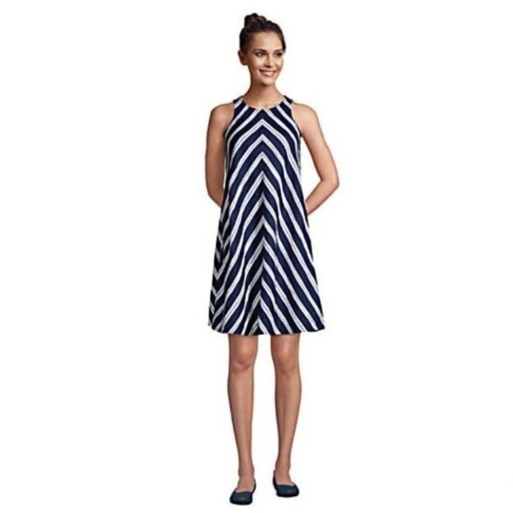 Lands' End Women's Striped Sleeveless Linen Swing Dress, NWT